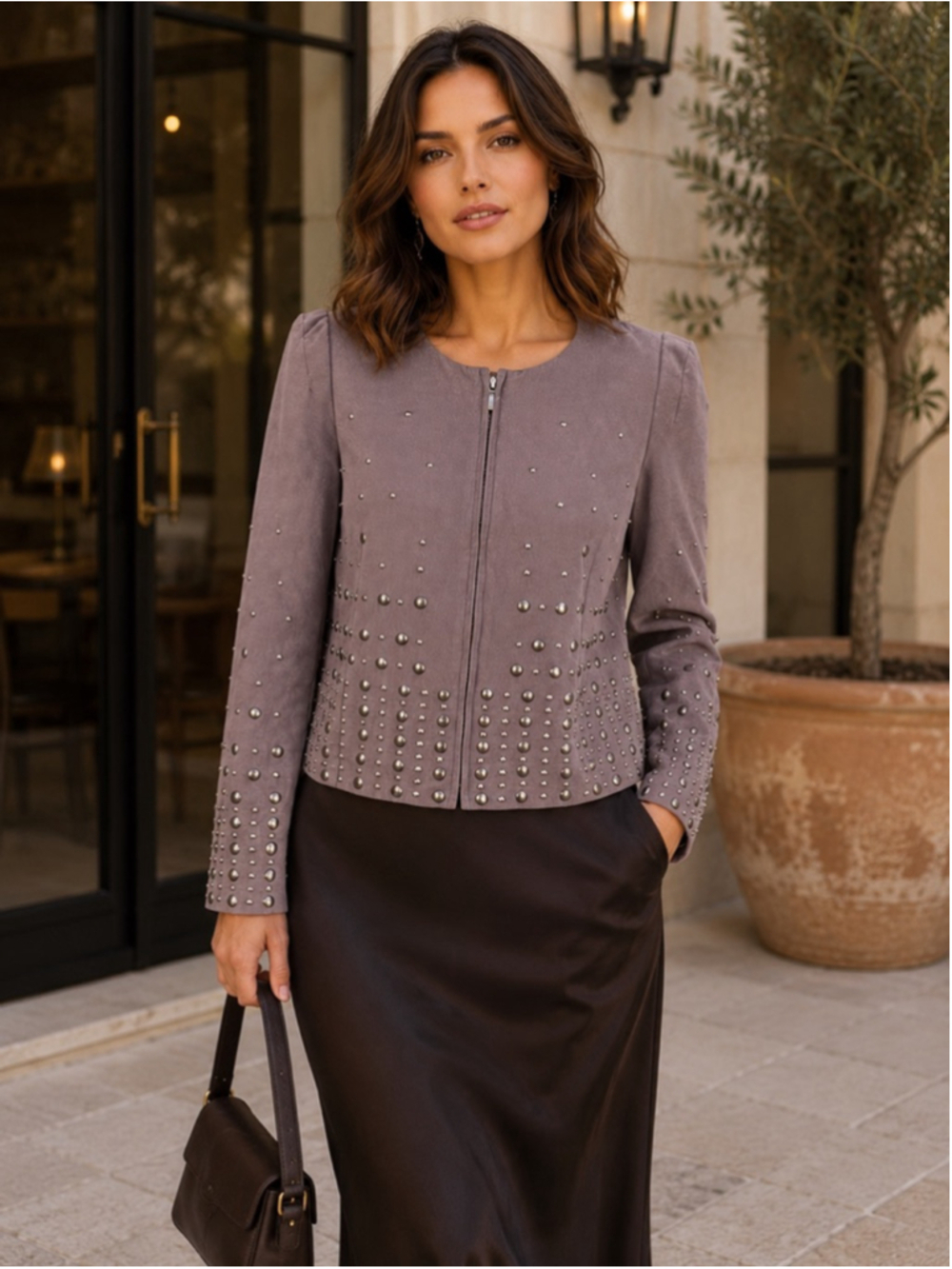 Comptoir Des Cotonniers Jacket Women 10 Studded Silk Lined French Corpcore Grey